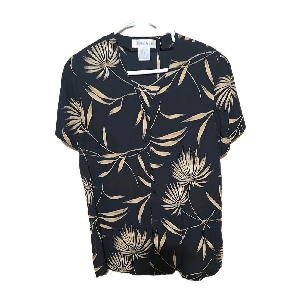 Vtg 90s Jones New York Black Tropical Silk Hawaiian Short Sleeve Top Womans Sz 8